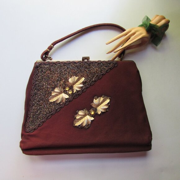 SALE Vintage Caron of Texas Hand Bag Chocolate Brown Gold Bead Accents - Picture 2 of 11